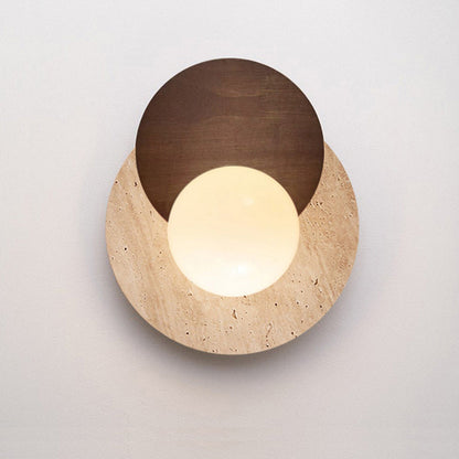 Traditional Japanese Double Round Orb Yellow Travertine Solid Wood Glass Shade 1-Light Wall Sconce Lamp For Living Room