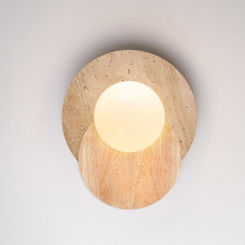 Traditional Japanese Double Round Orb Yellow Travertine Solid Wood Glass Shade 1-Light Wall Sconce Lamp For Living Room