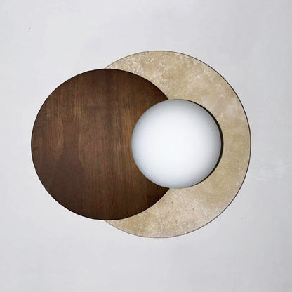 Traditional Japanese Double Round Orb Yellow Travertine Solid Wood Glass Shade 1-Light Wall Sconce Lamp For Living Room