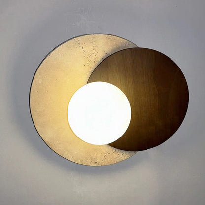 Traditional Japanese Double Round Orb Yellow Travertine Solid Wood Glass Shade 1-Light Wall Sconce Lamp For Living Room