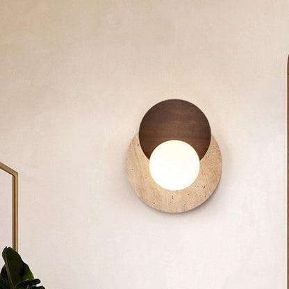 Traditional Japanese Double Round Orb Yellow Travertine Solid Wood Glass Shade 1-Light Wall Sconce Lamp For Living Room
