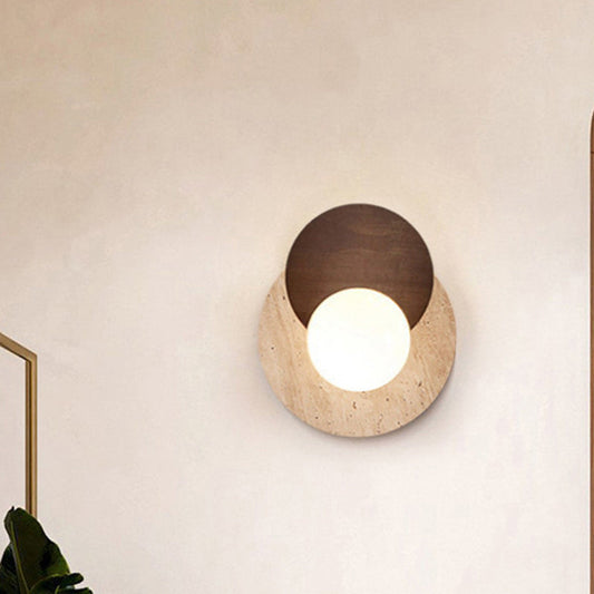 Traditional Japanese Double Round Orb Yellow Travertine Solid Wood Glass Shade 1-Light Wall Sconce Lamp For Living Room