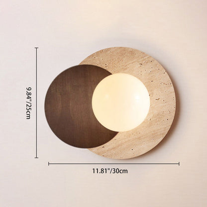 Traditional Japanese Double Round Orb Yellow Travertine Solid Wood Glass Shade 1-Light Wall Sconce Lamp For Living Room