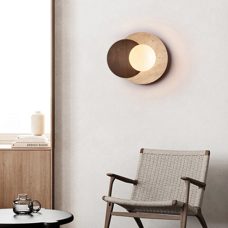 Traditional Japanese Double Round Orb Yellow Travertine Solid Wood Glass Shade 1-Light Wall Sconce Lamp For Living Room