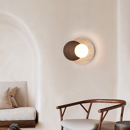 Traditional Japanese Double Round Orb Yellow Travertine Solid Wood Glass Shade 1-Light Wall Sconce Lamp For Living Room