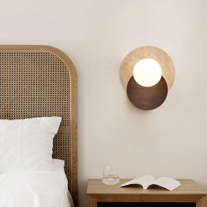 Traditional Japanese Double Round Orb Yellow Travertine Solid Wood Glass Shade 1-Light Wall Sconce Lamp For Living Room