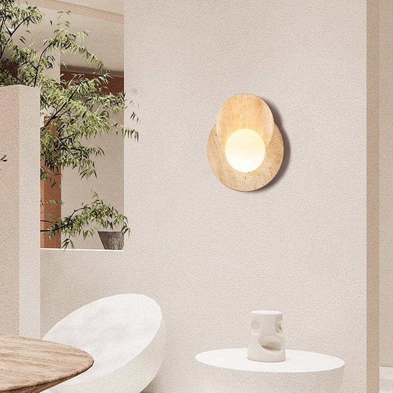 Traditional Japanese Double Round Orb Yellow Travertine Solid Wood Glass Shade 1-Light Wall Sconce Lamp For Living Room