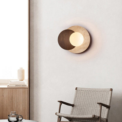 Traditional Japanese Double Round Orb Yellow Travertine Solid Wood Glass Shade 1-Light Wall Sconce Lamp For Living Room