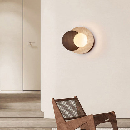 Traditional Japanese Double Round Orb Yellow Travertine Solid Wood Glass Shade 1-Light Wall Sconce Lamp For Living Room