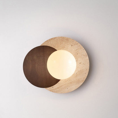 Traditional Japanese Double Round Orb Yellow Travertine Solid Wood Glass Shade 1-Light Wall Sconce Lamp For Living Room