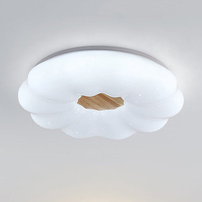 Contemporary Creative Round Cloud Shape Solid Wood Iron Acrylic Shade LED Flush Mount Ceiling Light For Bedroom