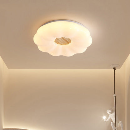 Contemporary Creative Round Cloud Shape Solid Wood Iron Acrylic Shade LED Flush Mount Ceiling Light For Bedroom