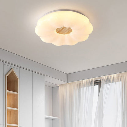 Contemporary Creative Round Cloud Shape Solid Wood Iron Acrylic Shade LED Flush Mount Ceiling Light For Bedroom