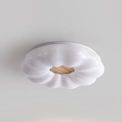 Contemporary Creative Round Cloud Shape Solid Wood Iron Acrylic Shade LED Flush Mount Ceiling Light For Bedroom