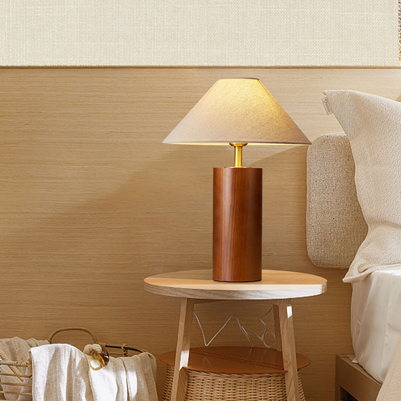 Traditional Japanese Cylindrical Trapezoidal Solid Wood Base Brass Frame Fabric Shade 1-Light Table Lamp For Bedroom