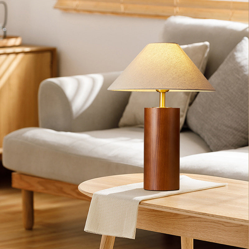 Traditional Japanese Cylindrical Trapezoidal Solid Wood Base Brass Frame Fabric Shade 1-Light Table Lamp For Bedroom
