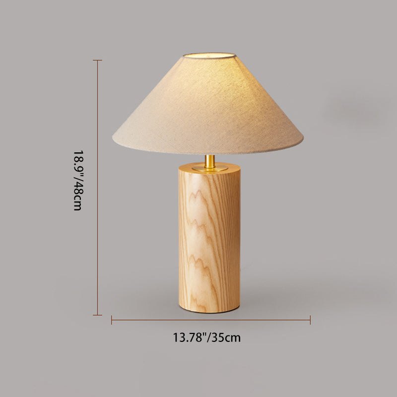 Traditional Japanese Cylindrical Trapezoidal Solid Wood Base Brass Frame Fabric Shade 1-Light Table Lamp For Bedroom