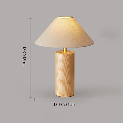 Traditional Japanese Cylindrical Trapezoidal Solid Wood Base Brass Frame Fabric Shade 1-Light Table Lamp For Bedroom