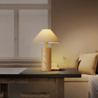 Traditional Japanese Cylindrical Trapezoidal Solid Wood Base Brass Frame Fabric Shade 1-Light Table Lamp For Bedroom