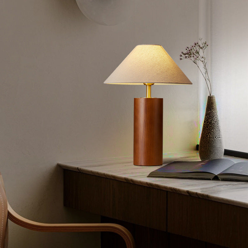 Traditional Japanese Cylindrical Trapezoidal Solid Wood Base Brass Frame Fabric Shade 1-Light Table Lamp For Bedroom