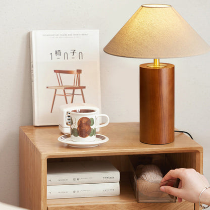Traditional Japanese Cylindrical Trapezoidal Solid Wood Base Brass Frame Fabric Shade 1-Light Table Lamp For Bedroom