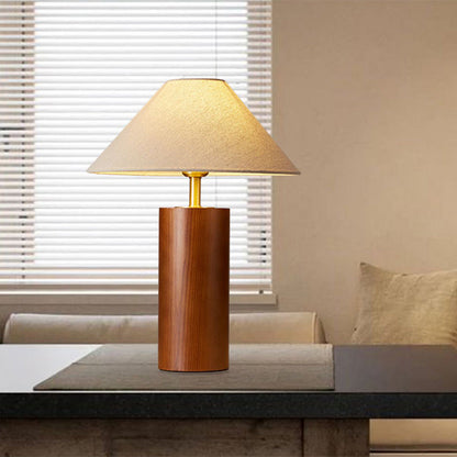 Traditional Japanese Cylindrical Trapezoidal Solid Wood Base Brass Frame Fabric Shade 1-Light Table Lamp For Bedroom