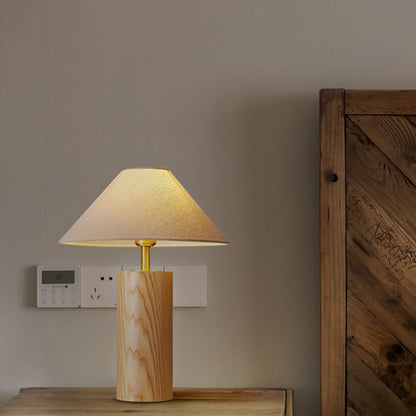 Traditional Japanese Cylindrical Trapezoidal Solid Wood Base Brass Frame Fabric Shade 1-Light Table Lamp For Bedroom
