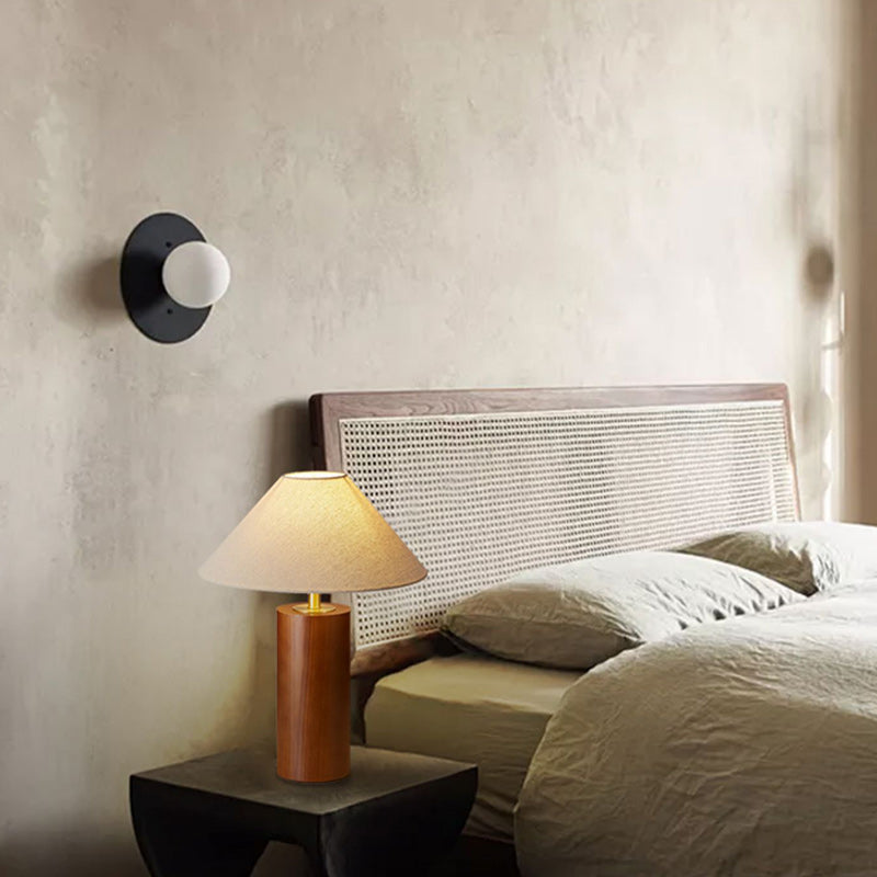 Traditional Japanese Cylindrical Trapezoidal Solid Wood Base Brass Frame Fabric Shade 1-Light Table Lamp For Bedroom