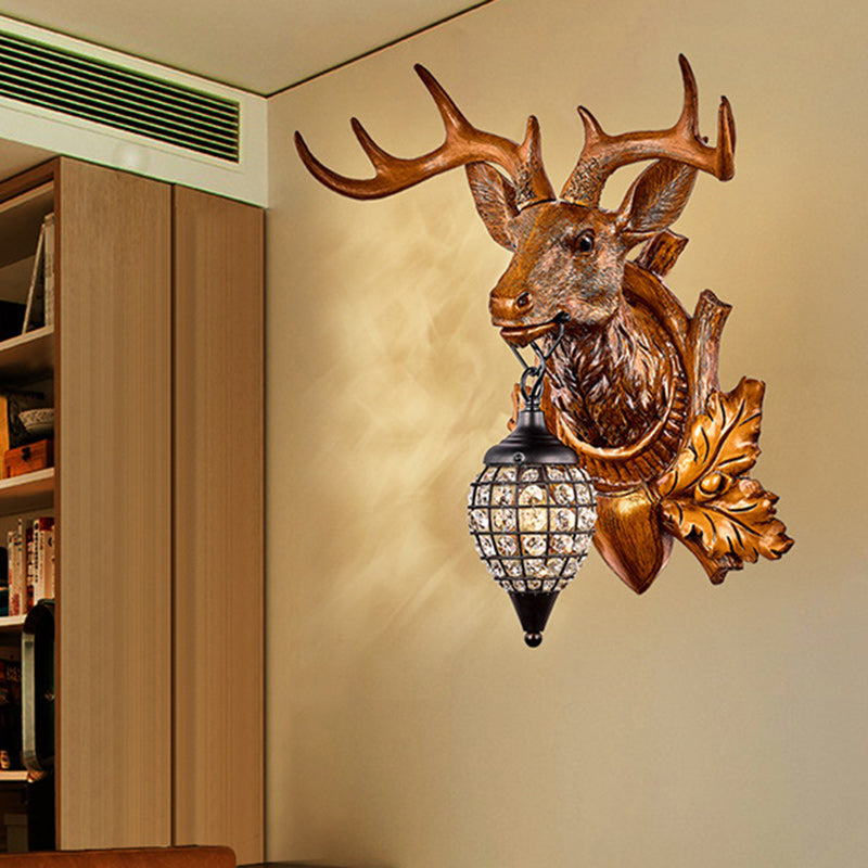Contemporary Creative Deer Antler Iron Resin Frame Crystal Shade 1-Light Wall Sconce Lamp For Living Room