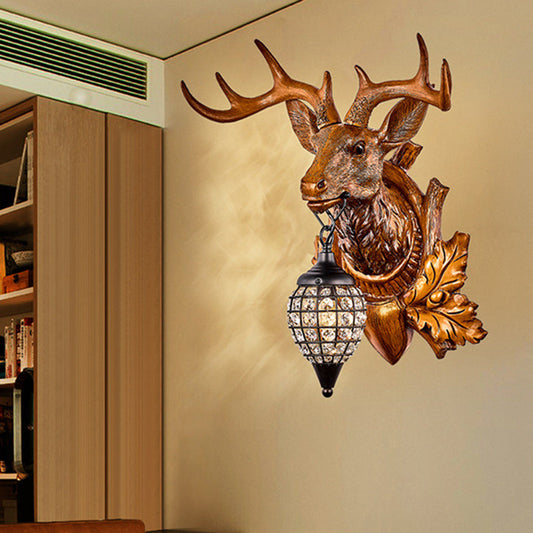 Contemporary Creative Deer Antler Iron Resin Frame Crystal Shade 1-Light Wall Sconce Lamp For Living Room