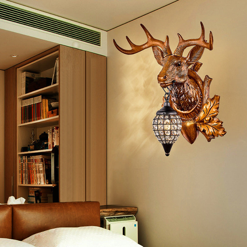 Contemporary Creative Deer Antler Iron Resin Frame Crystal Shade 1-Light Wall Sconce Lamp For Living Room