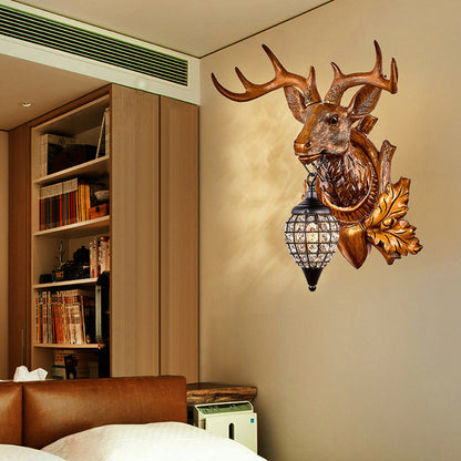 Contemporary Creative Deer Antler Iron Resin Frame Crystal Shade 1-Light Wall Sconce Lamp For Living Room