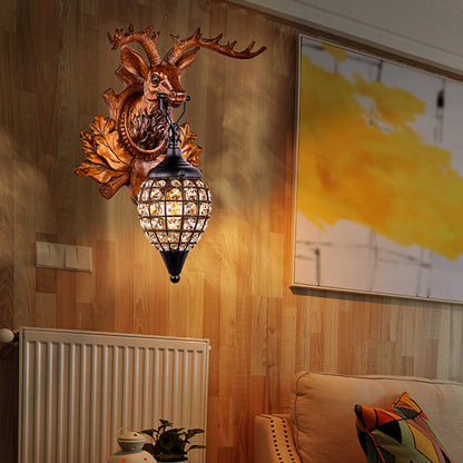Contemporary Creative Deer Antler Iron Resin Frame Crystal Shade 1-Light Wall Sconce Lamp For Living Room