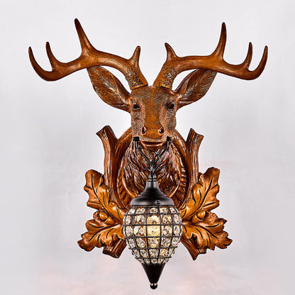 Contemporary Creative Deer Antler Iron Resin Frame Crystal Shade 1-Light Wall Sconce Lamp For Living Room