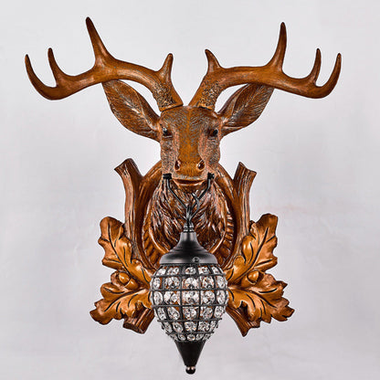 Contemporary Creative Deer Antler Iron Resin Frame Crystal Shade 1-Light Wall Sconce Lamp For Living Room