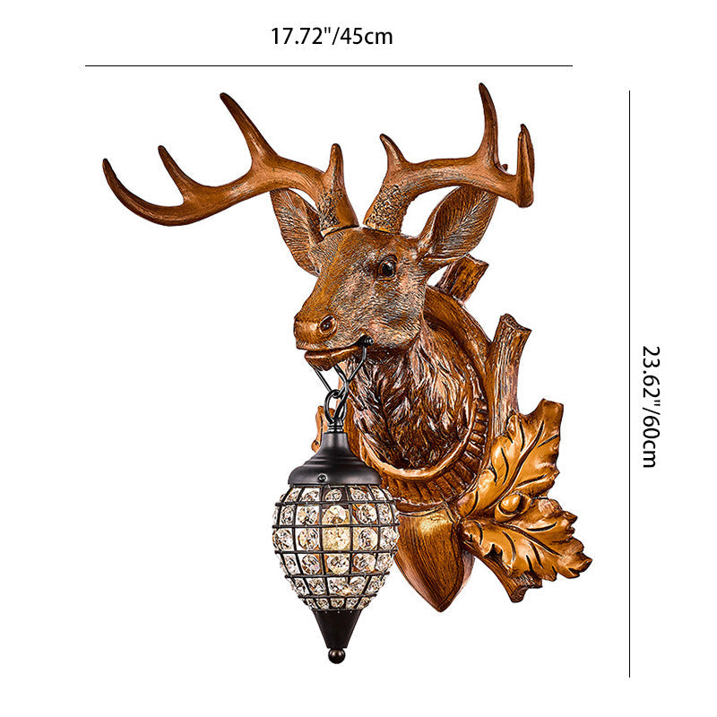 Contemporary Creative Deer Antler Iron Resin Frame Crystal Shade 1-Light Wall Sconce Lamp For Living Room