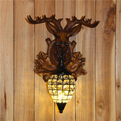 Contemporary Creative Deer Antler Iron Resin Frame Crystal Shade 1-Light Wall Sconce Lamp For Living Room