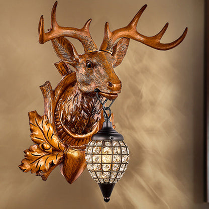 Contemporary Creative Deer Antler Iron Resin Frame Crystal Shade 1-Light Wall Sconce Lamp For Living Room