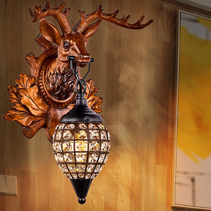 Contemporary Creative Deer Antler Iron Resin Frame Crystal Shade 1-Light Wall Sconce Lamp For Living Room