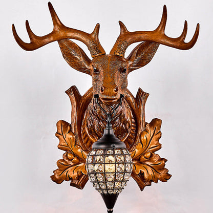 Contemporary Creative Deer Antler Iron Resin Frame Crystal Shade 1-Light Wall Sconce Lamp For Living Room