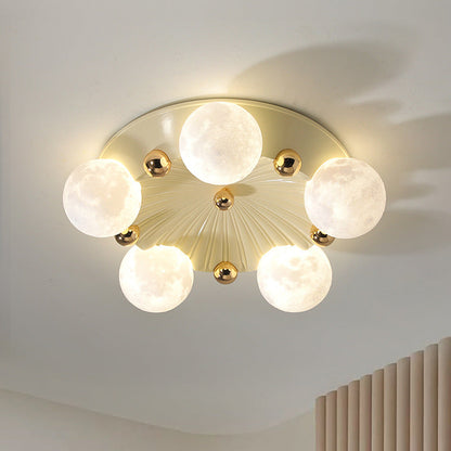Contemporary Creative Round Orb Moon Hardware Frame Resin Shade 3/5 Light Flush Mount Ceiling Light For Bedroom