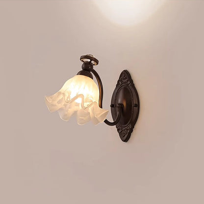 Traditional Vintage Bell Orchid Hardware Curved Rod Glass Shade 1-Light Wall Sconce Lamp For Living Room