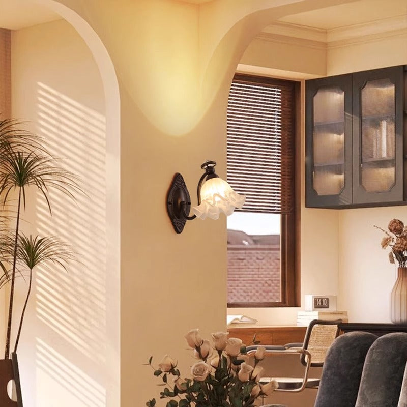 Traditional Vintage Bell Orchid Hardware Curved Rod Glass Shade 1-Light Wall Sconce Lamp For Living Room