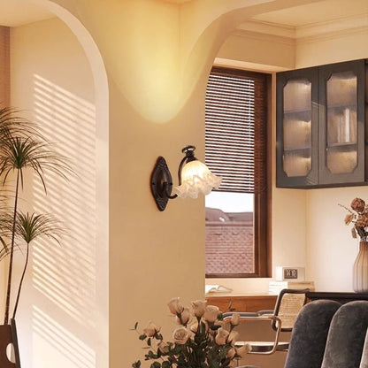 Traditional Vintage Bell Orchid Hardware Curved Rod Glass Shade 1-Light Wall Sconce Lamp For Living Room