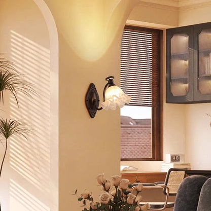 Traditional Vintage Bell Orchid Hardware Curved Rod Glass Shade 1-Light Wall Sconce Lamp For Living Room