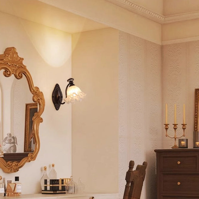 Traditional Vintage Bell Orchid Hardware Curved Rod Glass Shade 1-Light Wall Sconce Lamp For Living Room