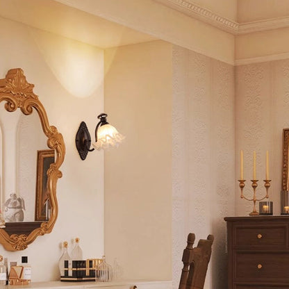 Traditional Vintage Bell Orchid Hardware Curved Rod Glass Shade 1-Light Wall Sconce Lamp For Living Room