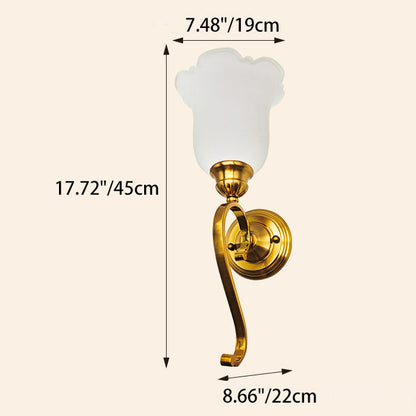 Traditional Vintage Curved Pole Flower Glass Shade Iron 1-Light Wall Sconce Lamp For Living Room