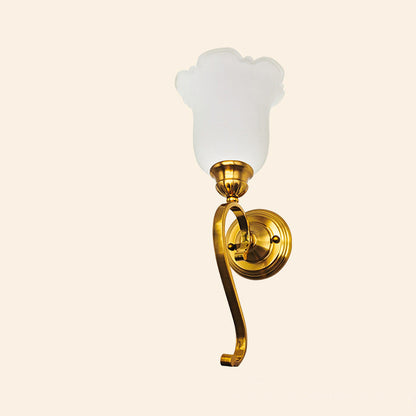 Traditional Vintage Curved Pole Flower Glass Shade Iron 1-Light Wall Sconce Lamp For Living Room