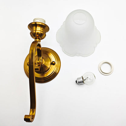Traditional Vintage Curved Pole Flower Glass Shade Iron 1-Light Wall Sconce Lamp For Living Room